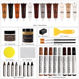 DEWEL Wood Furniture Repair Kit, New Upgrade Wood Fillers, Furniture Touch Up Markers, Wax Sticks, Wood Putty with Beeswax for Cracks, Wood Hole, Scratches, Floor, Table, Door