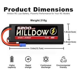 Hilldow 7.4V Lipo Battery 2S 100C 5200mAh Lipos Hard Case Rechargeable Batteries with EC5 Connector for1/8 1/10 RC Vehicles Car Slash RC Buggy Truggy RC Airplane Drone