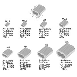 Rrina 315Pcs 8 Sizes Aluminum Crimping Loop Sleeve Double Barrel Ferrule Assortment Kit for Wire Rope and Cable Line End M1.2-M6