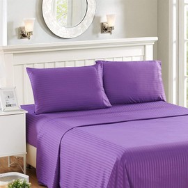 H&H Decor Hotel Premium 4 Pcs Sheet Set 100% Egyptian Cotton Stripe Pattern 600 TC 11-15 Inch Deep Pocket Size (Queen Color Purple