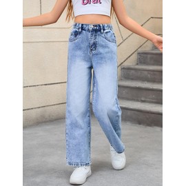 WDIRARA Girl's Bow Print Back Zipper Fly Elastic High Waist Denim Pants Basic Wide Leg Jeans Blue 10Y