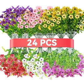 24 Bundles Artificial Flowers for Outdoors Decoration,Faux UV Resistant Violet Flowers with Eucalyptus Leaves,for Porch Outside Indoor Yard Home Patio Decor(24, Multiple Color)