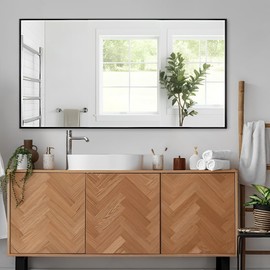 KIMREAL Modern 26"L x 40"W Black Wall Mounted Mirror, Rectangular, Framed, Thickened Stainless Steel Frame, Bathroom Use, Grooming, Home Decor