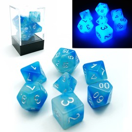Bescon Gemini Glowing Polyhedral Dice 7pcs Set ICY ROCKS,Luminous RPG Dice Set d4 d6 d8 d10 d12 d20 d%, Brick Box Packaging