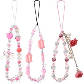 3 count Phone Wrist Strap Beaded  Butterfly Cell Phone Charm Strap Cute Flower Y2k Lanyard for Camera  Wallet Pendant Decor - Color: Cute