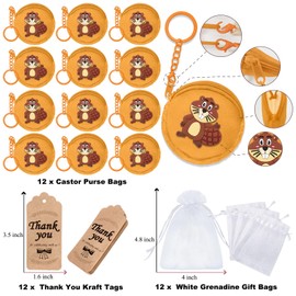 Elecrainbow 36 Pack Beaver Change Purses Set Include 12 Wallets with Keyring, 12 Thank You Tags and 12 Organza Bags for Safari, Jungle Baby Shower,Wild ONE First Birthday, Castor Decoration,Khaki