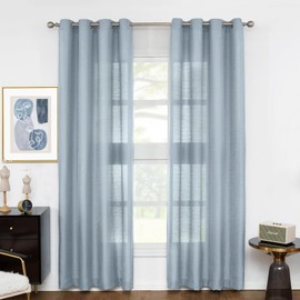Melodieux Dusty Blue Semi Sheer Curtains 96 Inches Long for Living Room, Bedroom Faux Linen Light Filtering Grommet Privacy Sheer Drapes, 52 by 96 Inch, 2 Panels