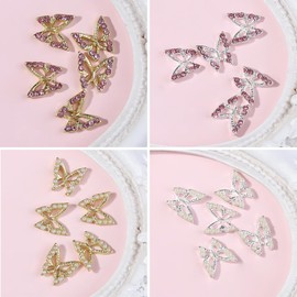 20 Pcs Butterfly Nail Charms 3D Butterflies Charms with Pearls Diamond Design Gold Silvery Butterfly Nail Supply Pink Gems Butterfly Nail Art Charms for Women Girls DIY Manicure Decoration