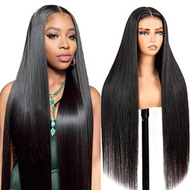 Lakaisa Straight Human Hair Wig Lace Frontal Perücke Damen Echthaar Glueless Wear and Go Grade 8 A 100% Brazilian Remy Hair 4X1 HD Lace Natural Color Hair No Smell for Women 34 Inch