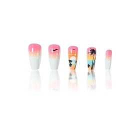 UEYRSEDB French Tip Press on Nails Medium Square Summer Fake Nails with Sunset at The Seaside Design Coconut Tree Glue on False Nail Summer Beach Seagull Artificial Stick on Nail for Women 24Pcs