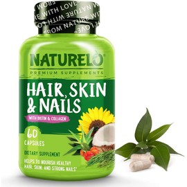 NATURELO NATURELO Hair, Skin and Nails - with Biotin, Collagen, Omega3 & Vitamin E - Great for Healthy Skin & Hair Growth - Women and Men C 60 Capsules | 1 Month Supply