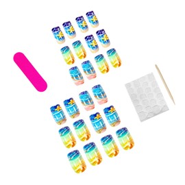 LBPEPAMZ 24Pcs Blue Press on Nails Medium Square Fake Nails with Yellow Starfish Design Waves Gradient French Tip False Nails Beach Vacation Gold Foil Glue on Nails Summer Stick on Nails for Women