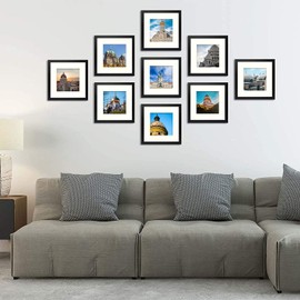 Frametory, 12x12 Picture Frame with 8x8 Mat, Gallery Photo Glass Square for Wall Decor - Wide Molding Built in Hanging Features (Black, 9 Pack)