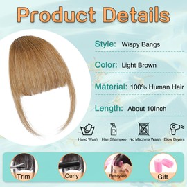 Wirctp Clip in Bangs Real Human Hair Wispy Bangs 100% Human Hair Clip on Bangs for Women Fake Bangs Haipieces for Daily Wear（Light Brown）