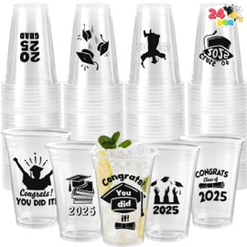 JOYIN 24 Pcs 16OZ Graduation Party Plastic Cups (Black), Graduation Decorations Class of 2025, 24 Designs Disposable Tableware Set for School Grad Party Favors Supplies