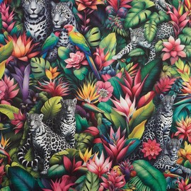 Kt KILOtela - Digital Printed Canvas Fabric Chair Cover Cushion Headboard Sofa Bags Sewing 100cm Length x 140cm Width Leopard Jungle Black 1 Meter