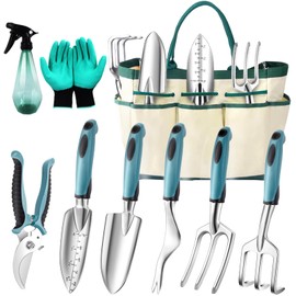 KEAOOD Garden Tools Set 9 Pieces, Heavy Duty Garden Hand Tool Set for Women with Storage Tote Bag Aluminum Rust-Proof Weeding Gardening Planting Yard Tool Gifts for Women and Men