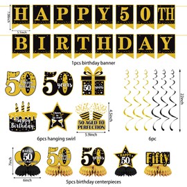 Trgowaul 50th Birthday Decorations for Men Women, 22pcs Black Gold Birthday Party Supplies, Banner, Hanging Swirl Flag, 50th Birthday Sash&Pompoms, Birthday Balloons, 50 Year Old Birthday Set