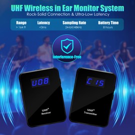 UHF Wireless in Ear Monitor System,Upgraded Stereo IEM System Low Latency with Wireless Transmitter Receiver Clip On, One to More, Auto-Pairing for Live Broadcast, Studio, Band Rehearsal