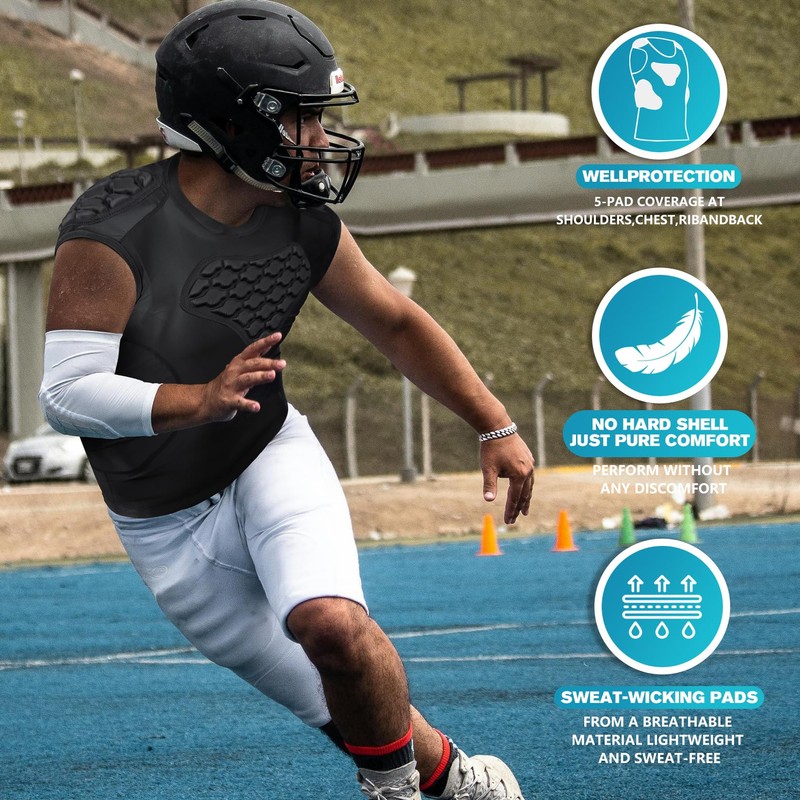 TUOY Padded Compression Shirt Sleeveless for Football Rib Protector, Compression