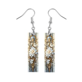 Twisted R Design Earrings, Rococo White Flowers Print Wood Bar Printed Earrings Jewelry