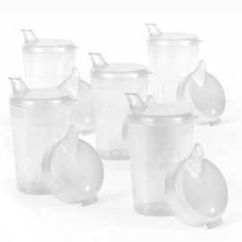 Pack of 5 Adult Drinking Aids 250 ml Sippy Cups Plus 5 Lids for Liquids & 5 Lids for Porridge/Mus - Choice of Colours (Transparent)