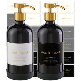 Verute 16oz Glass Soap Dispenser with Stainless Steel Pump, 21 Waterproof Labels, Non-slip Protective Silicone Pad, Set of 2 for Bathroom & Kitchen (Gloss Black Bottle/Brushed Gold Pump)