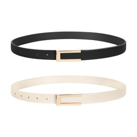 SUOSDEY 2 Pack Slim Belt for Women, Thin Leather Belt, Fashion Waist Belt for Dress, Jeans with Gold Buckle, Black and beige