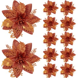 Canlierr 6.3 Inch Artificial Poinsettias Christmas Glitter Flowers with Clips Xmas Tree Flower Ornament Poinsettias Decor (Brown,12 Pieces)
