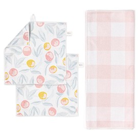 ELYN Microfiber Kitchen Dish Towel & Dish Cloth Set, Quick-Dry & Absorbent Waffle Weave Cleaning Cloths, Set of One Kitchen Towel & Two Washcloths, Paper Towels Alternative (Oranges & Gingham)