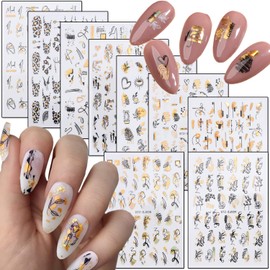 Gold Nail Art Stickers, Holographic Laser Gold Flowers Leaf Leopard Print Abstract Face Lines Nail Stickers Design for Women Girls Manicure Charms Decorations, DIY Resin 3D Self-Adhesive Nail Decals