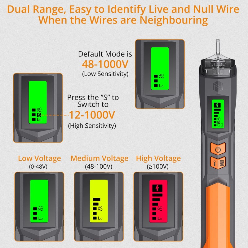 Neoteck Voltage Tester/Non Contact Voltage Tester 12-1000V/48V-1000 Adjustable Sensitivity AC
