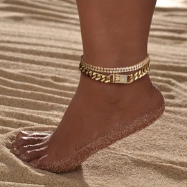 14K Gold Anklets for Women Waterproof Rhinestone Ankle Bracelet Layered Cuban Link Chain Diamond Anklet Beach Jewelry for Women, One Size, Stainless Steel, no gemstone