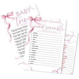 Word Scramble & Baby Trivia Theme Baby Shower Games Activity-Minimalism Pink Ribbon Bow Game Cards For Boys & Girls-Baby Shower Party Supplies & Favors-30 Game Cards(5”x7”) & 1 Answer Card(4”x6”)-D06