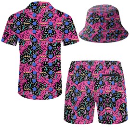 Wdpsuxin Mens 2 Piece Tracksuit Hawaiian Button Down Shirt and Compression Liner Shorts Sets with Bucket Hats, 80sred1, XX-Large