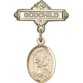 Jewels Obsession Baby Badge with St. Zita Charm and Godchild Badge Pin | Gold Filled Baby Badge with St. Zita Charm and Godchild Badge Pin - Made in USA