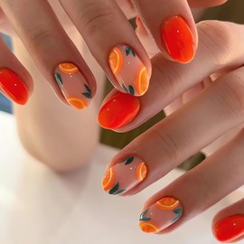 LPOODDNU Oval Orange 24Pcs Short Summer Press On Nails, Glossy Acrylic False Nails, 24 Fl Oz (Pack of 1), Full Cover Nail, Full Well Tips, FALSE NAIL