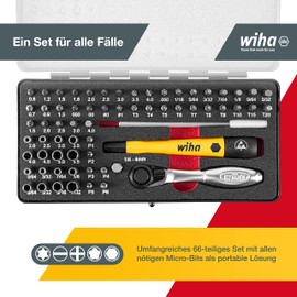 Wiha Micro Bit Set 65-tlg. inkl. Aufbwahrungsbox (39971) I Feinmechanik Schraubendreher Set mit Bit Halter, Steckschlüssel, ESD Schraubendreher Griff, Ratsche, Griff Verlängerung und Adapter
