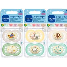 Mam Night 16 + Soothers, Pack of 6, Glow in The Dark, 3 steril.-Travel Boxes