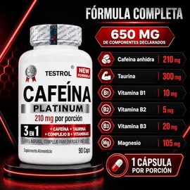 Cafeína Platinum 210mg | Fórmula con Taurina, Magnesio y Complejo B | Preentreno | Energía y Enfoque | Cafeina capsulas Testrol | 90 Cápsulas