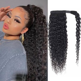 Seelaak Kinky Curly Human Hair Ponytail Extensions with Wrap Around 10A Brazilian Ponytail Human Hair Afro Curly Ponytail Clips in Human Hair Extension Curly Ponytail Extension, Water Wave Ponytail Wig, Wavy Curly Ponytail Extension for Black WomenCurly 
