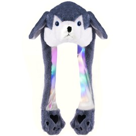 Audaisyly Funny Plush Rabbit Hat Ear Moving Jumping Hats, Cute LED Animal Beanie Cap for Women Girls Cosplay Party Holiday Grey