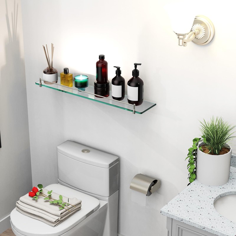 KOCOK 24 Inch Glass Bathroom Shelves,Brushed Nickel Floating Shelves for