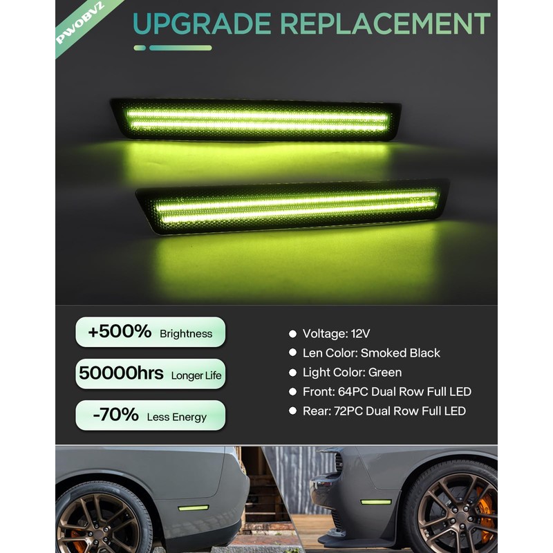 PWOBVZ Green LED Side Marker Lights for Dodge Challenger 2015-2023,