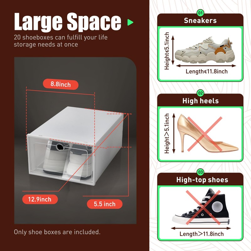 20 PCS Shoe Storage Boxes Stackable, Stackable Clear Plastic Shoe