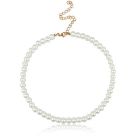 Zimoer Pearl Necklace Women White Pearl Chains Pearl Diameter 8-10mm Imitation Pearl Necklace Costume Accessories Retro Style Silver Metal Chain for Brides Women Girls, Resin, No Gemstone