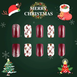 RUOKEXIN Short Square Press on Nails Christmas Fake Nails Wine Red False Nails with Xmas Tree Designs Christmas Red Nail Press ons Short Sparkly Artificial Nails Cute Stick on Nails for Women 24Pcs