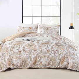 Nanko Paisley Comforter Set King Size 3 Pcs, Tan Taupe Classy Boho Damask Printed Pattern Soft Microfiber Alternative Duvet, Farmhouse Lightweight Bedding Sets Bed in a Bag for Women Men, 104 x90 inch