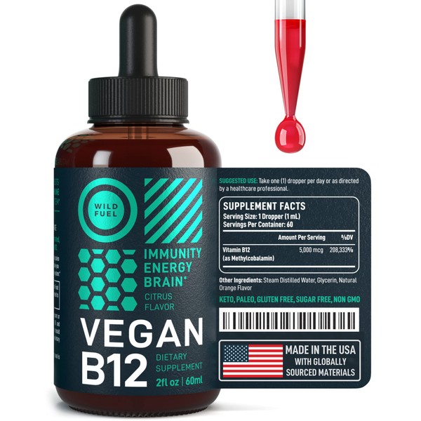 Vegan Vitamin B12 Liquid Supplement - Sublingual B12 Drops Support Production of Cells, Energy and Mood - High-Potency One-Dropper Per Day Methylcobalamin B12 5000 mcg - Natural Orange Flavor - 2oz