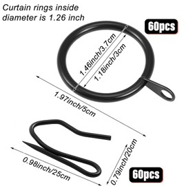 60 Pieces Metal Drapery Curtain Rings Curtain Hanging Rings and 60 Pieces Metal Curtain Drapery Pin Hooks for Window Curtain, Door Curtain and Shower Curtain, 30 mm Internal Diameter Curtain Rings
